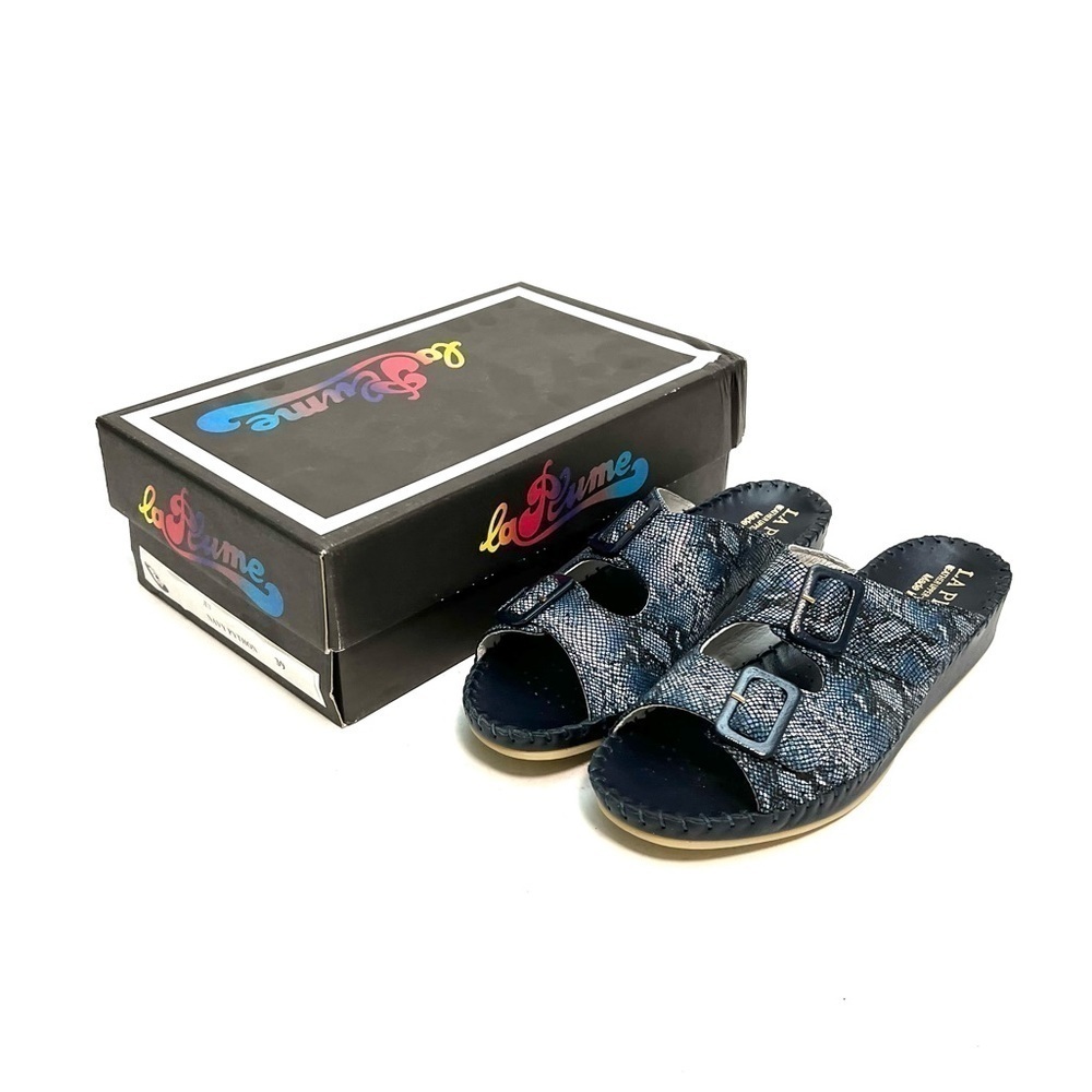 Vintage 1990s deadstock blue leather snakeskin embossed slip on wedge sandals